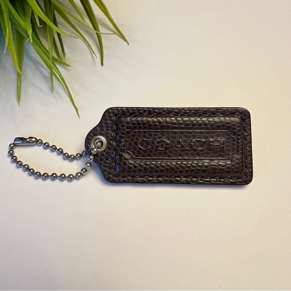 Large 2.25” COACH 
Dark Brown Leather Hanging Tag Keychain FOB Bag Charm
